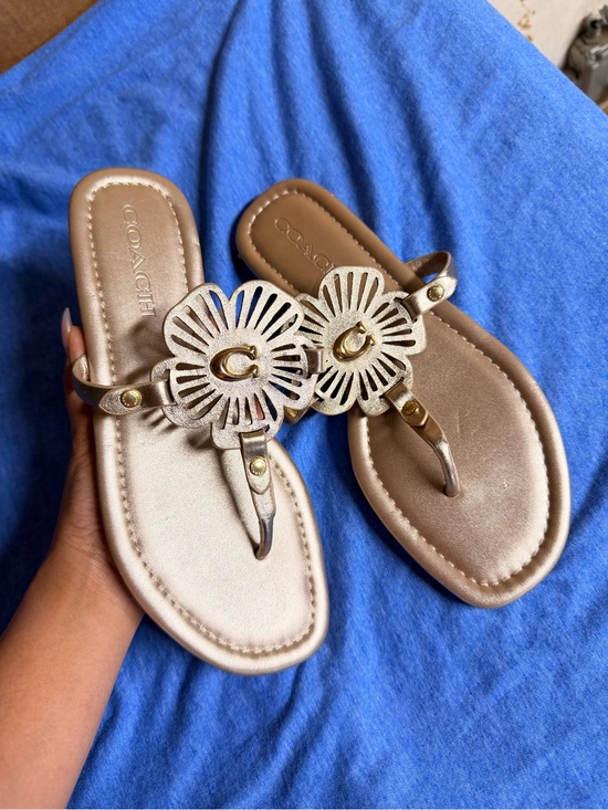 Coach Shoes - Coach Metallic Rose Gold Floral Logo Thong Sandals